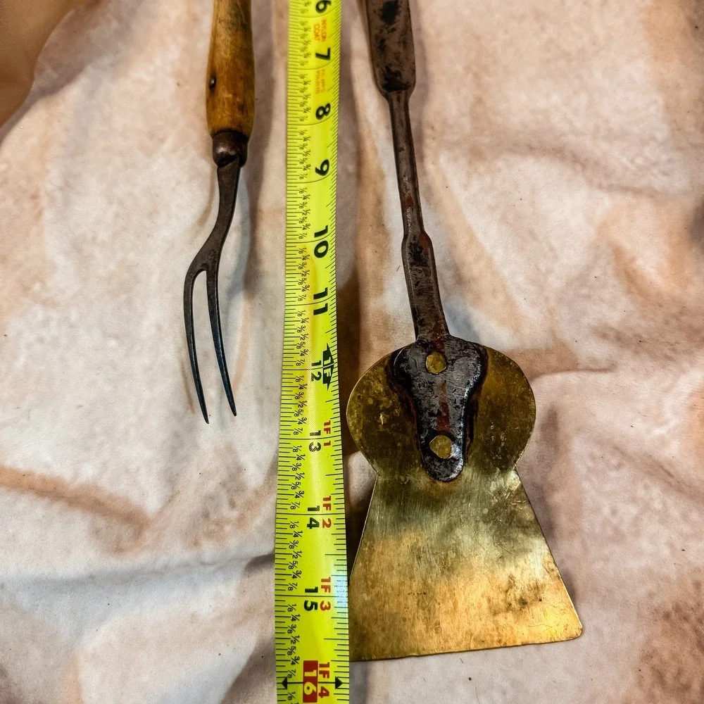 Antique Set Wrought Iron Keyhole Spatula Roasting‎ Fork Primitive 19th Utensils